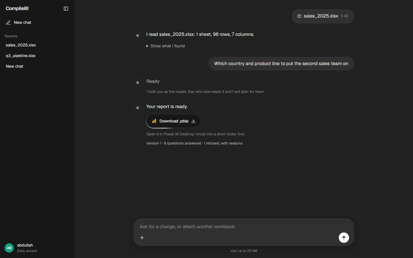 A finished thread: the workbook read, the note, and the report ready to download